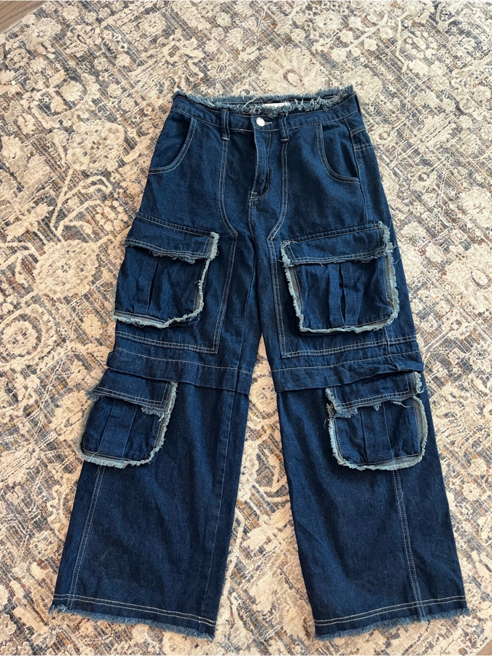 GOGO Dark Blue Wide-Leg Cargo Denim Jeans